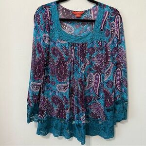 Women's Sundance Reina Top 100% Silk Lace Trim Paisley Boho Sz. M